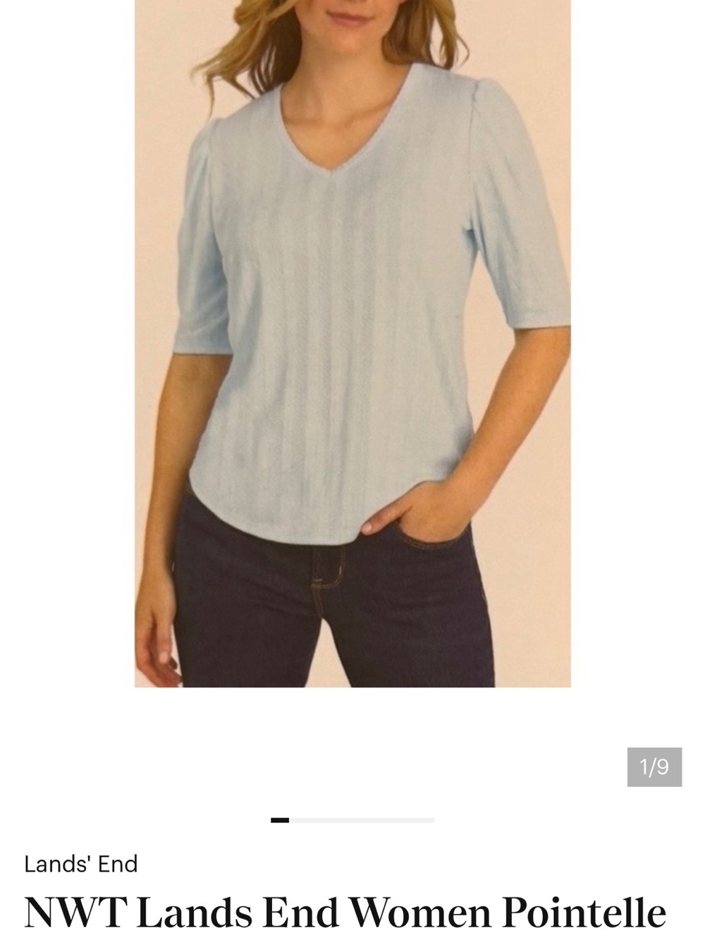 Lands' End Light Blue Pointelle V-Neck Short Sleeve Top
